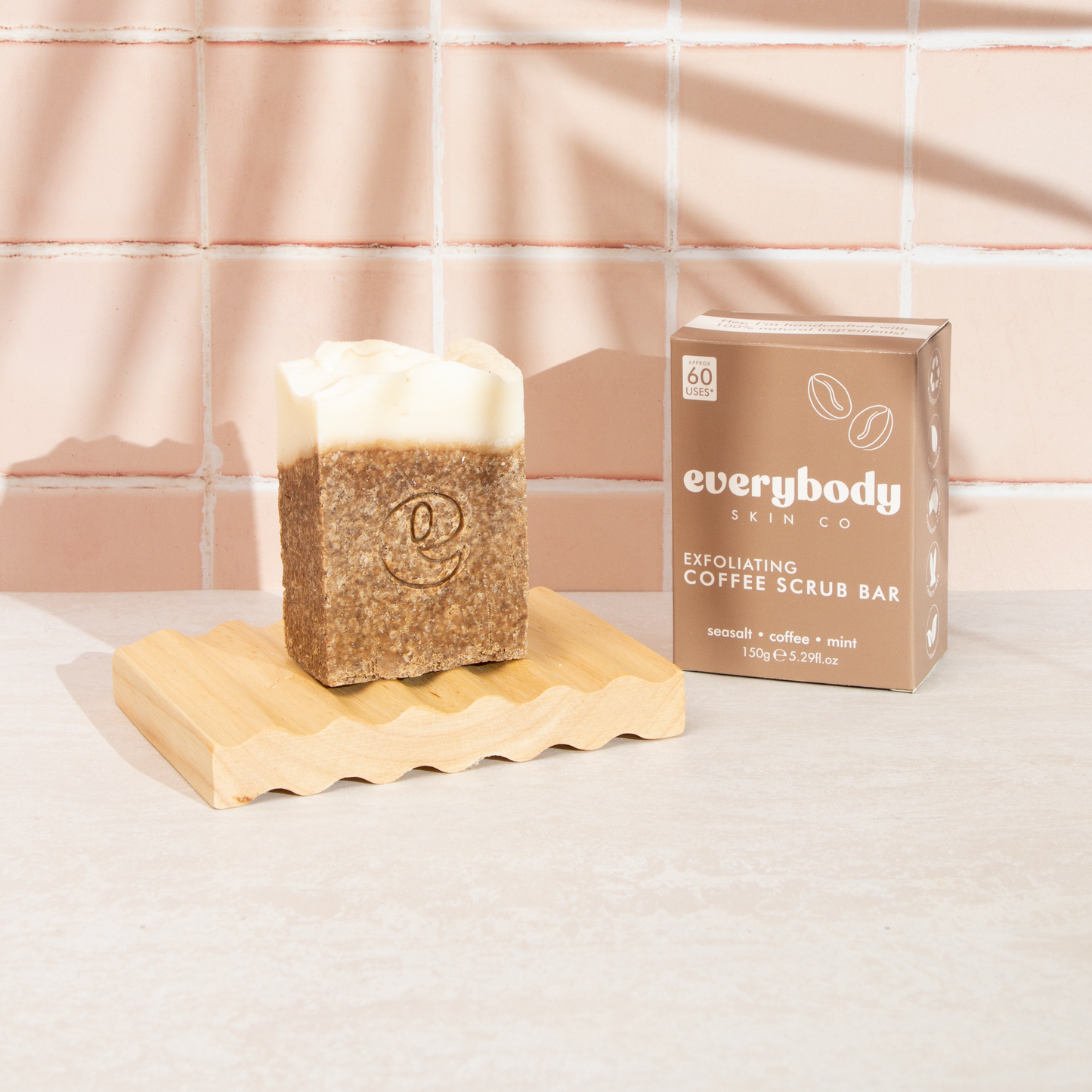 Exfoliating Coffee Scrub Bar & Wave Beechwood Soap Dish Bundle